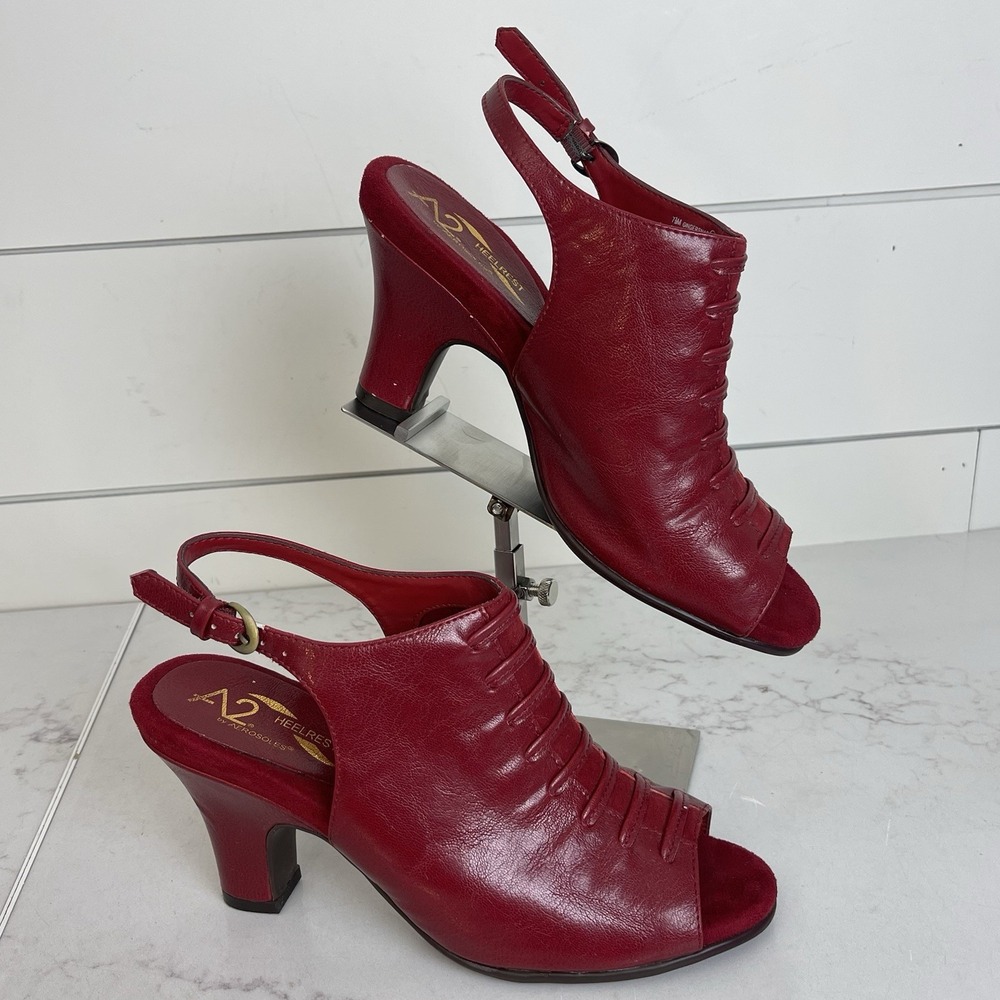Gingersnap A2 By Aerosoles Red Leather Peep Toe Pumps Slingback Sandal Heels 7.5